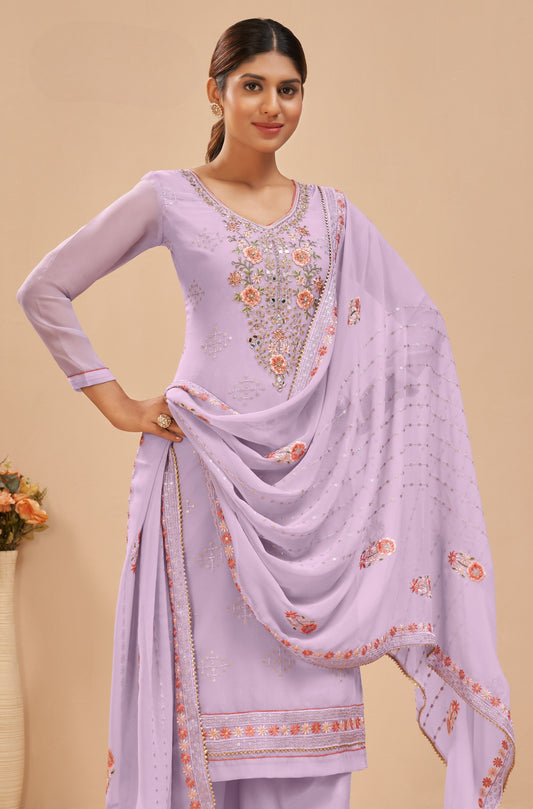 Taffy Lavendar Embroidered Georgette Straight Pant Suit