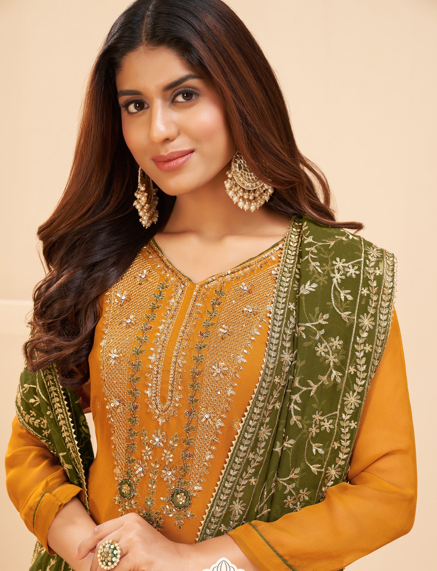 Apricot Yellow Embroidered Georgette Salwar Suit