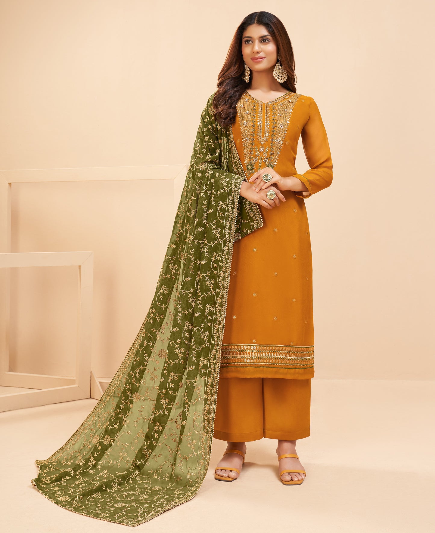 Apricot Yellow Embroidered Georgette Salwar Suit