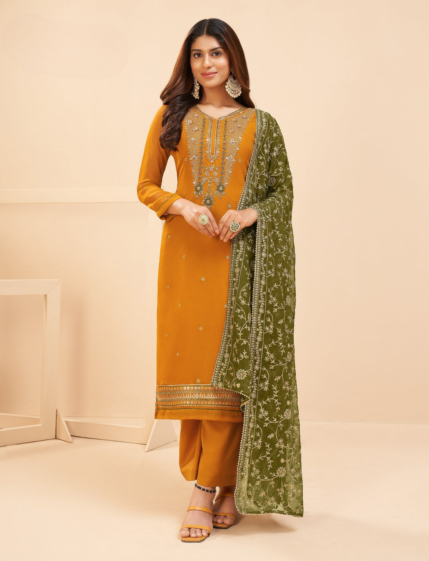 Apricot Yellow Embroidered Georgette Salwar Suit