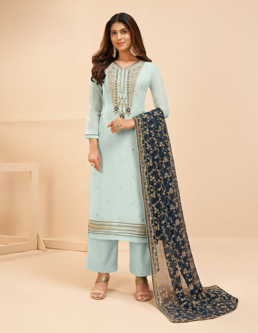 Pastel Blue Embroidered Georgette Salwar Suit