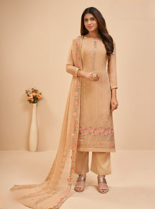 Tortilla Brown Designer Straight Embroidered Pant Suit