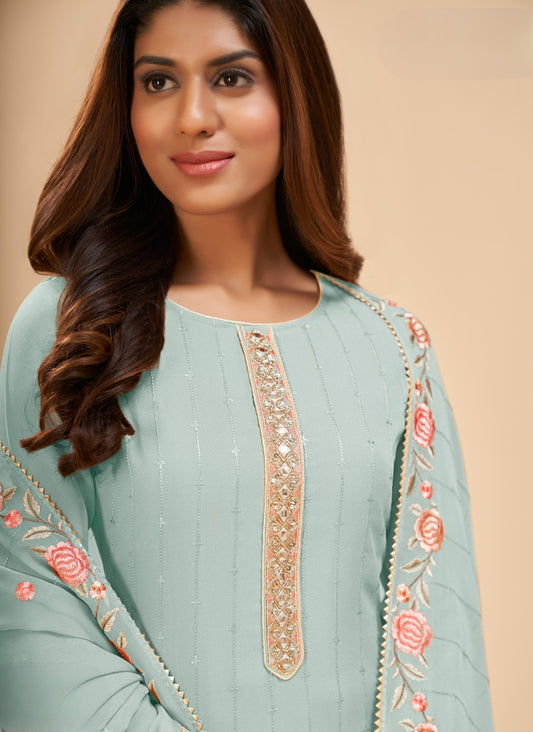 Seafoam Blue Designer Straight Embroidered Pant Suit
