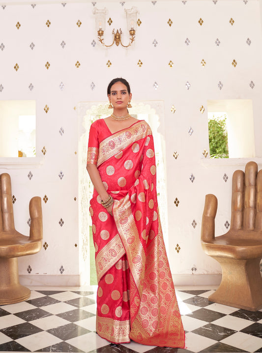 Coral Red Banarasi Silk Saree