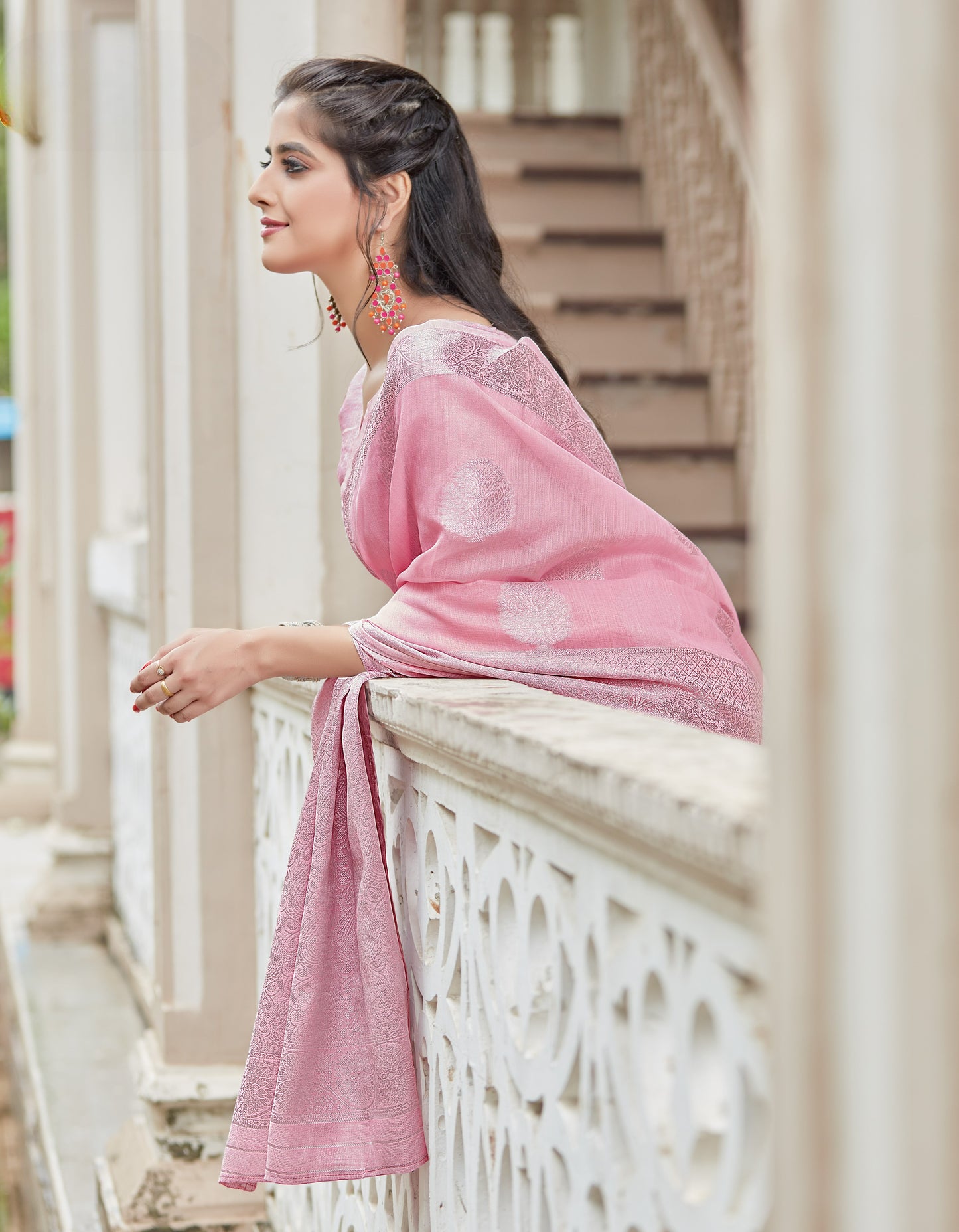 Bubblegum Pink Zari Woven Linen Silk Saree