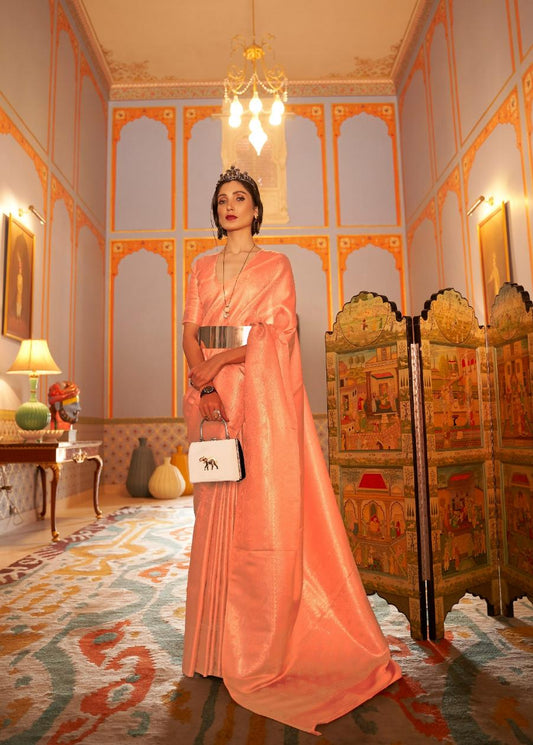 Golden Peach Brocade Woven Kanjivaram Silk Saree