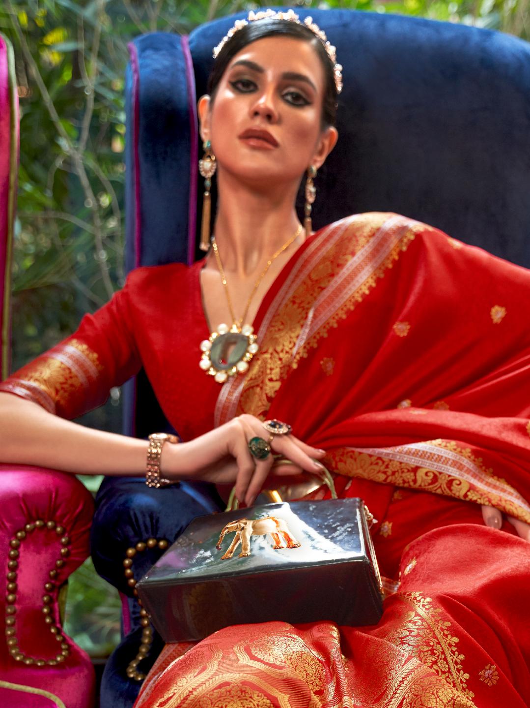 Ruby Red Banarasi Soft Silk Saree