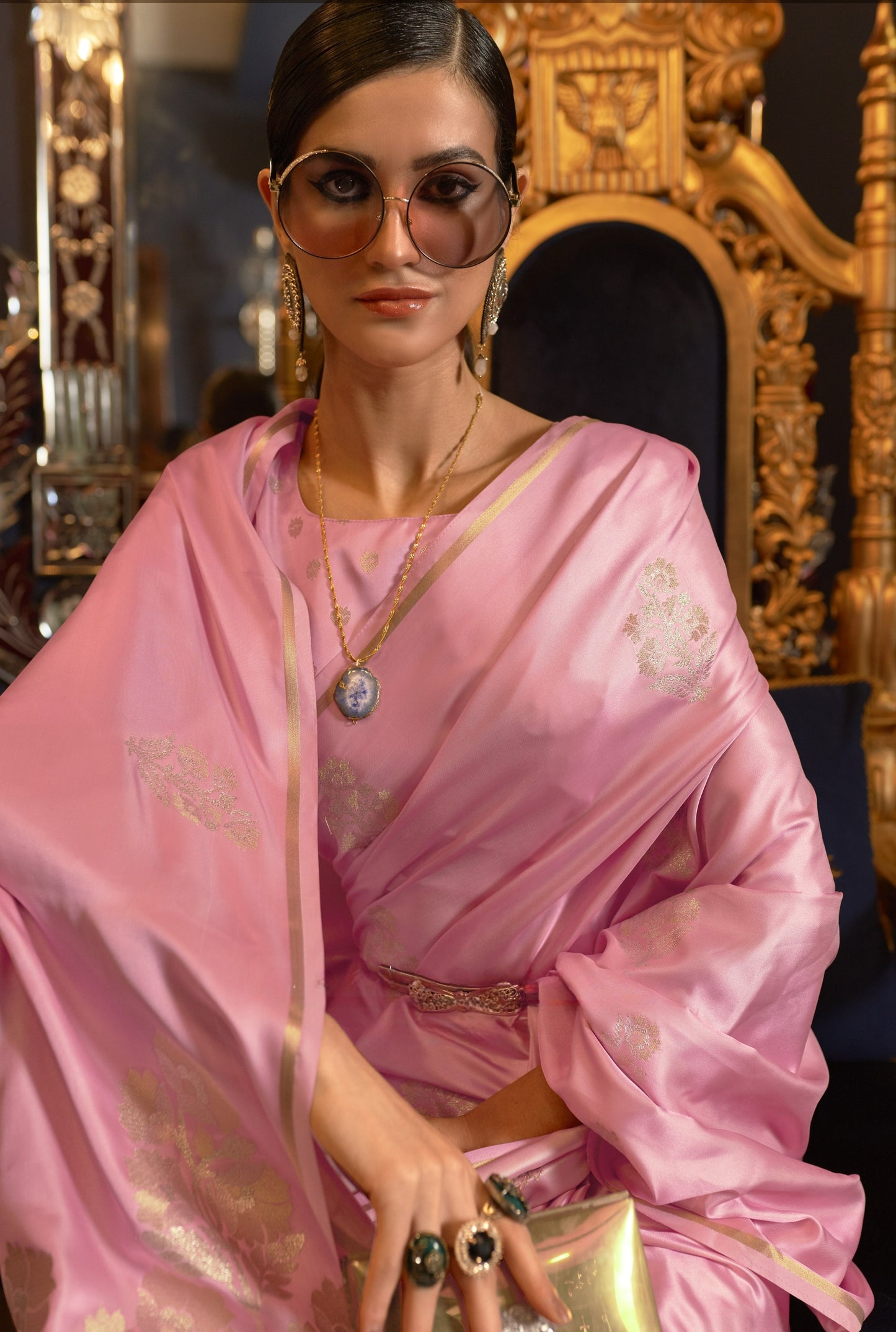 Blush Pink Satin Silk Saree
