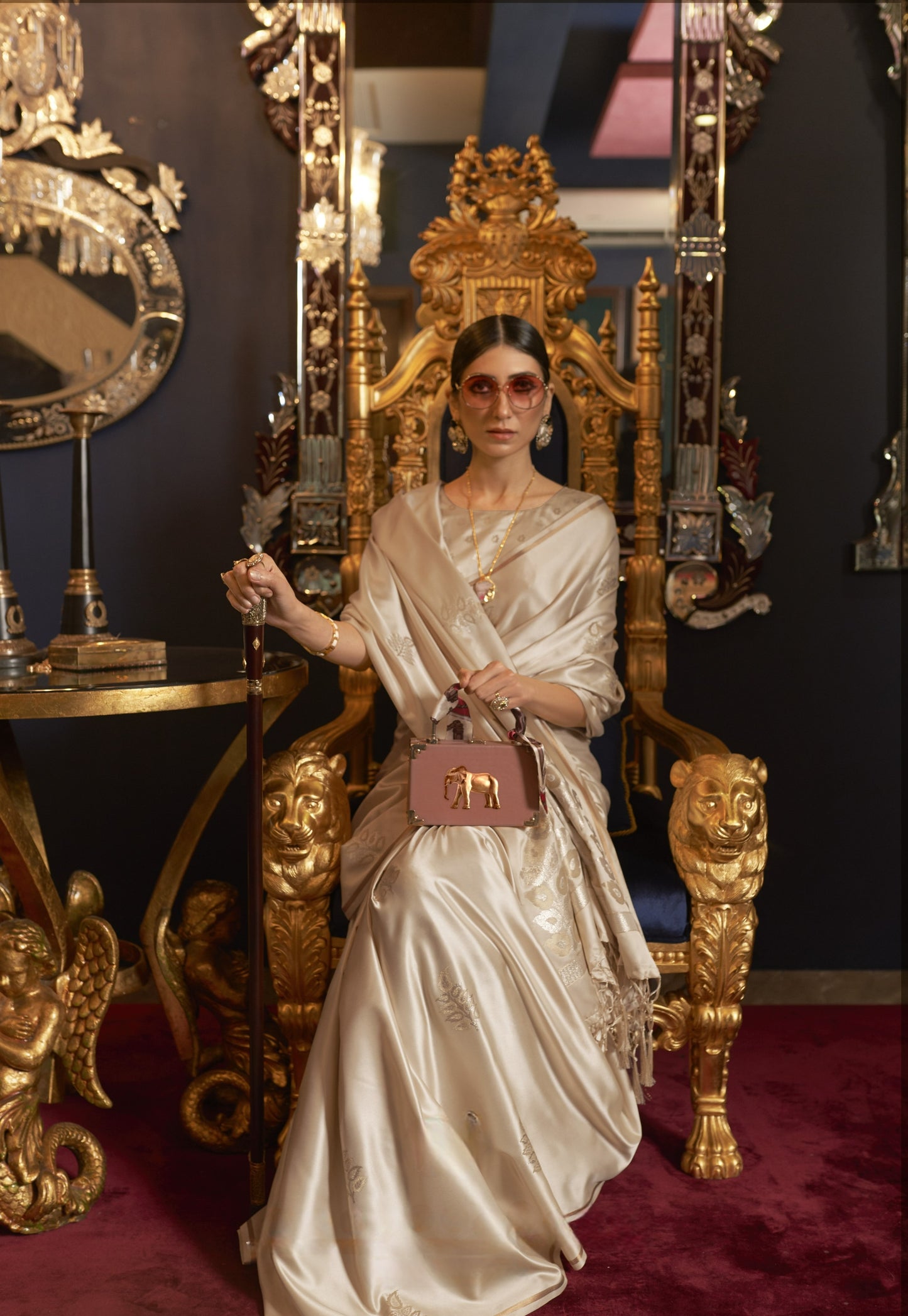 Ivory Cream Satin Silk Saree
