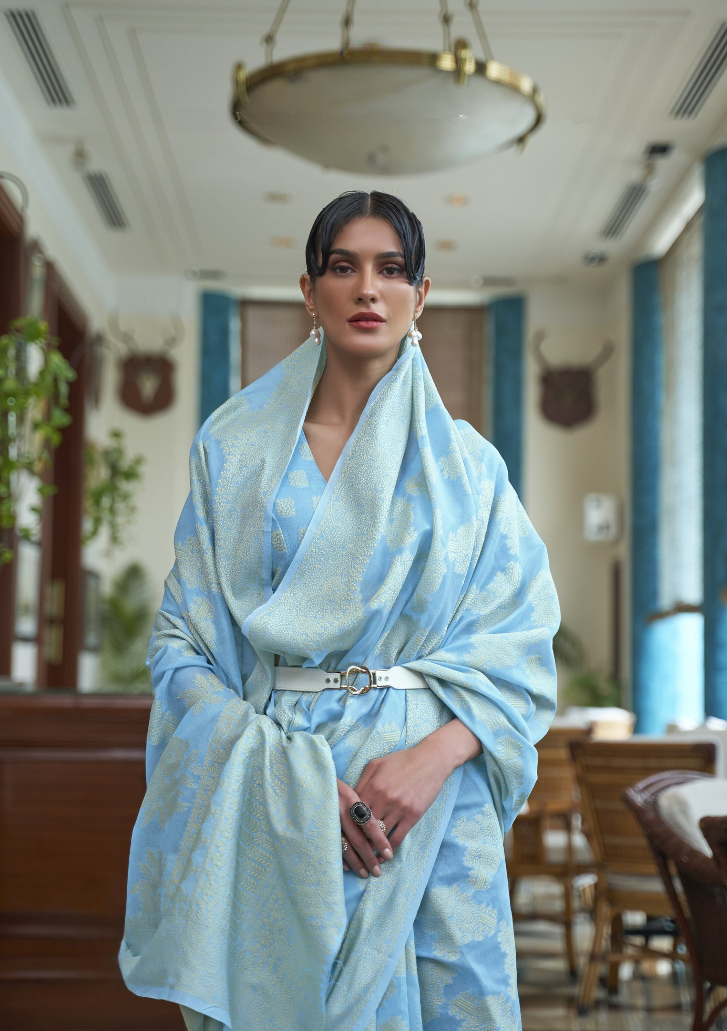Carolina Blue Weaved Lucknowi Chikankari Saree