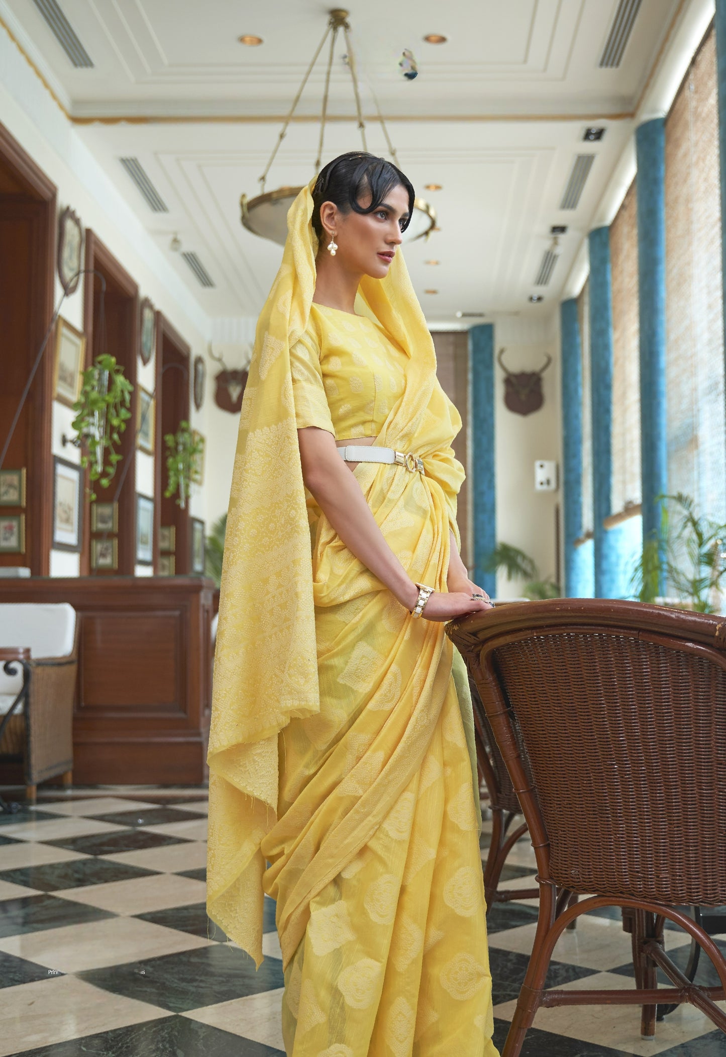 Minion Yellow Weaved Lucknowi Chikankari Saree