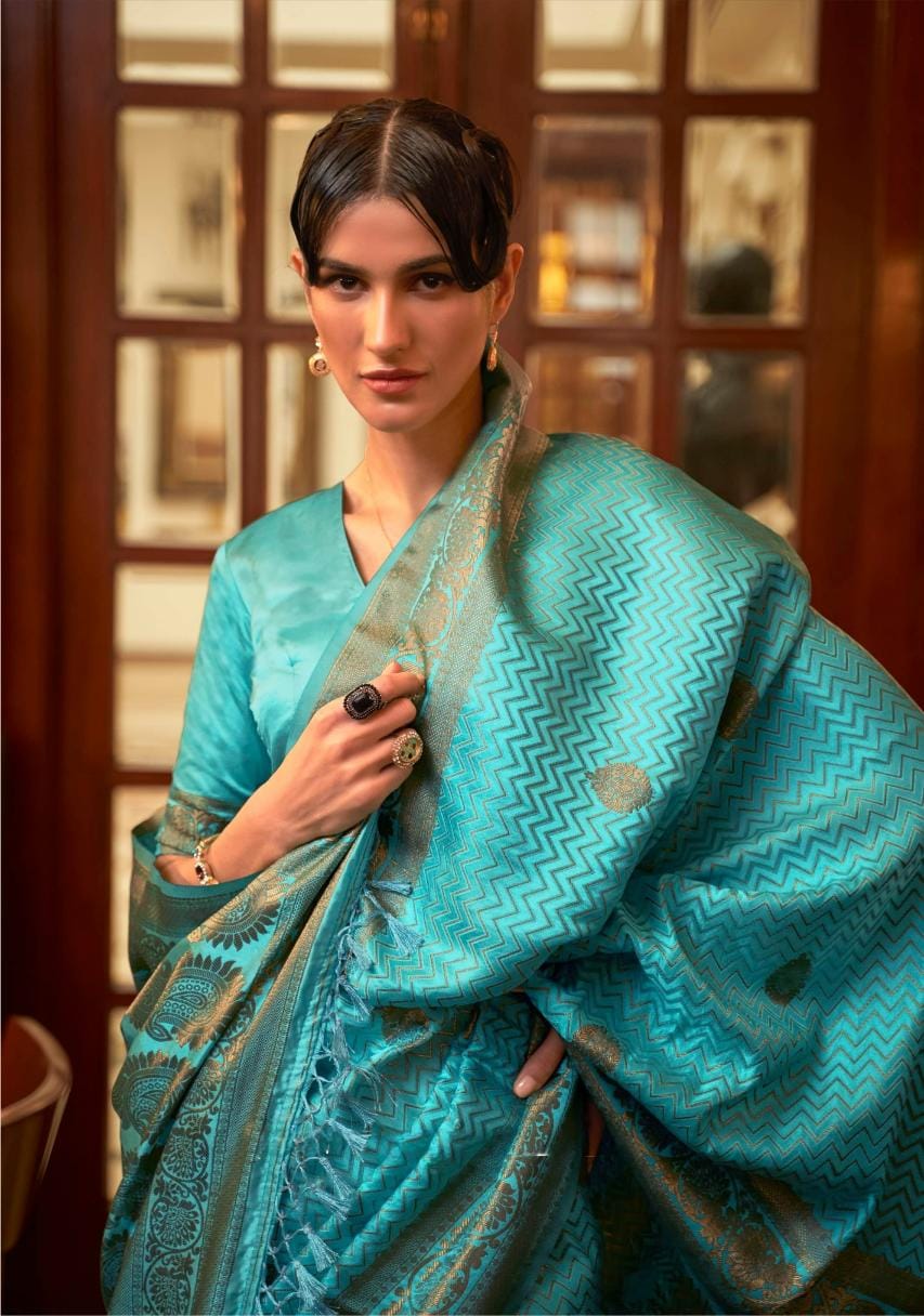 Arctic Blue Handloom Woven Satin Silk Saree