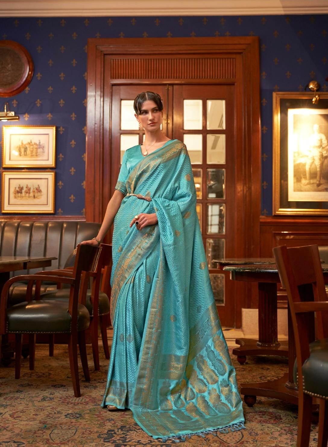 Arctic Blue Handloom Woven Satin Silk Saree
