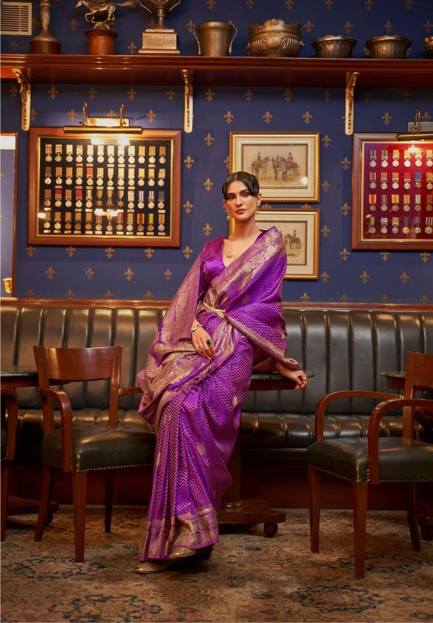 Purple Handloom Woven Satin Silk Saree