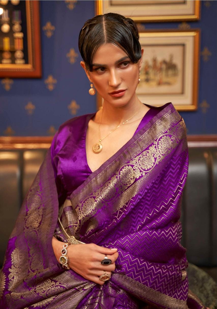 Purple Handloom Woven Satin Silk Saree