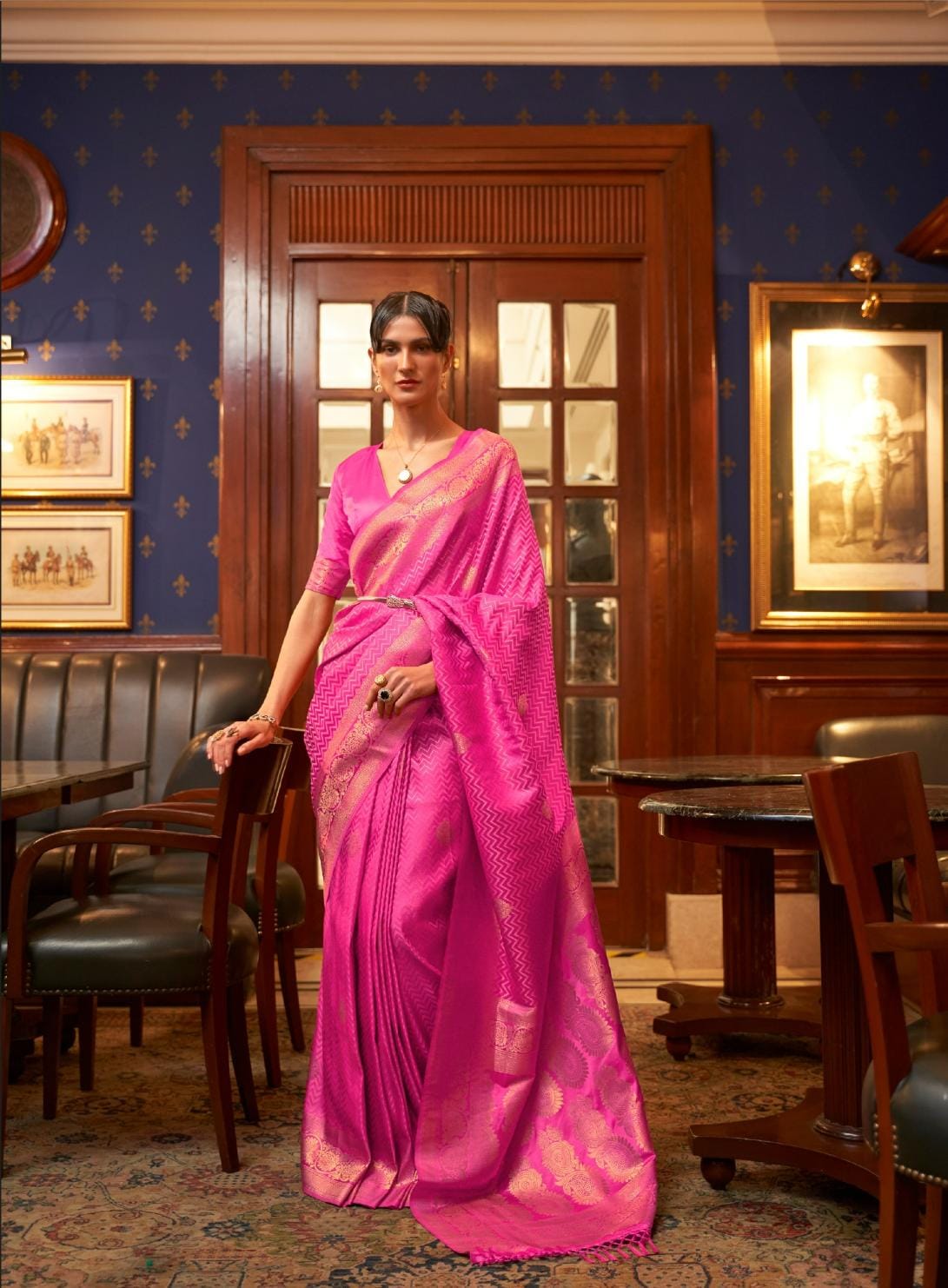 Hot Pink Handloom Woven Satin Silk Saree