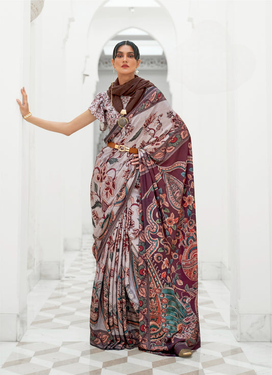 Brown Printed Kalamkari Satin Crepe Silk Saree
