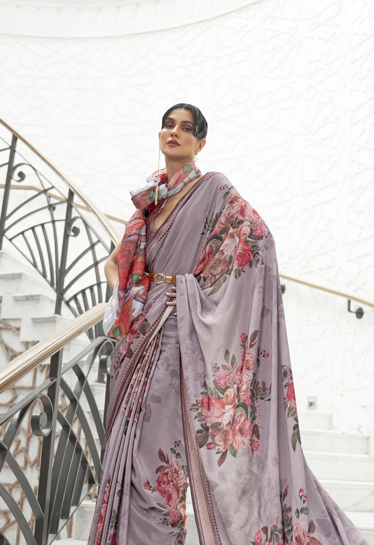 Stone Grey Printed Kalamkari Satin Crepe Silk Saree