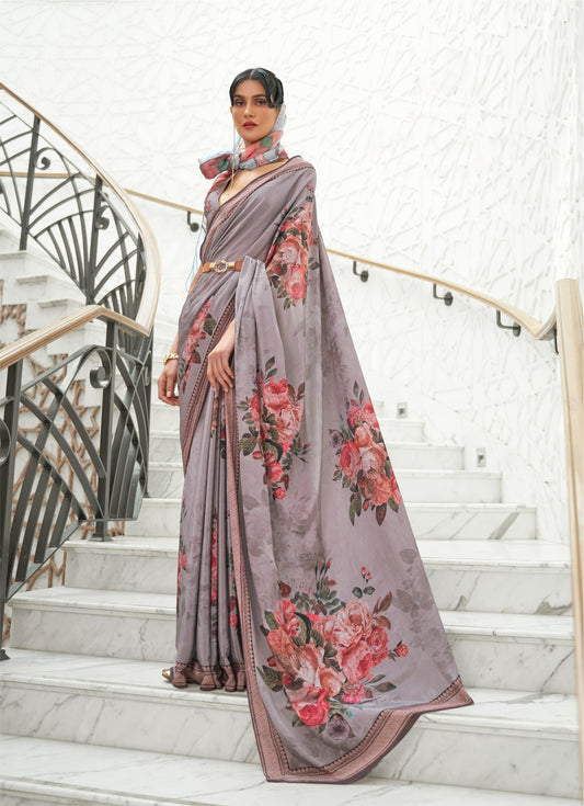 Stone Grey Printed Kalamkari Satin Crepe Silk Saree