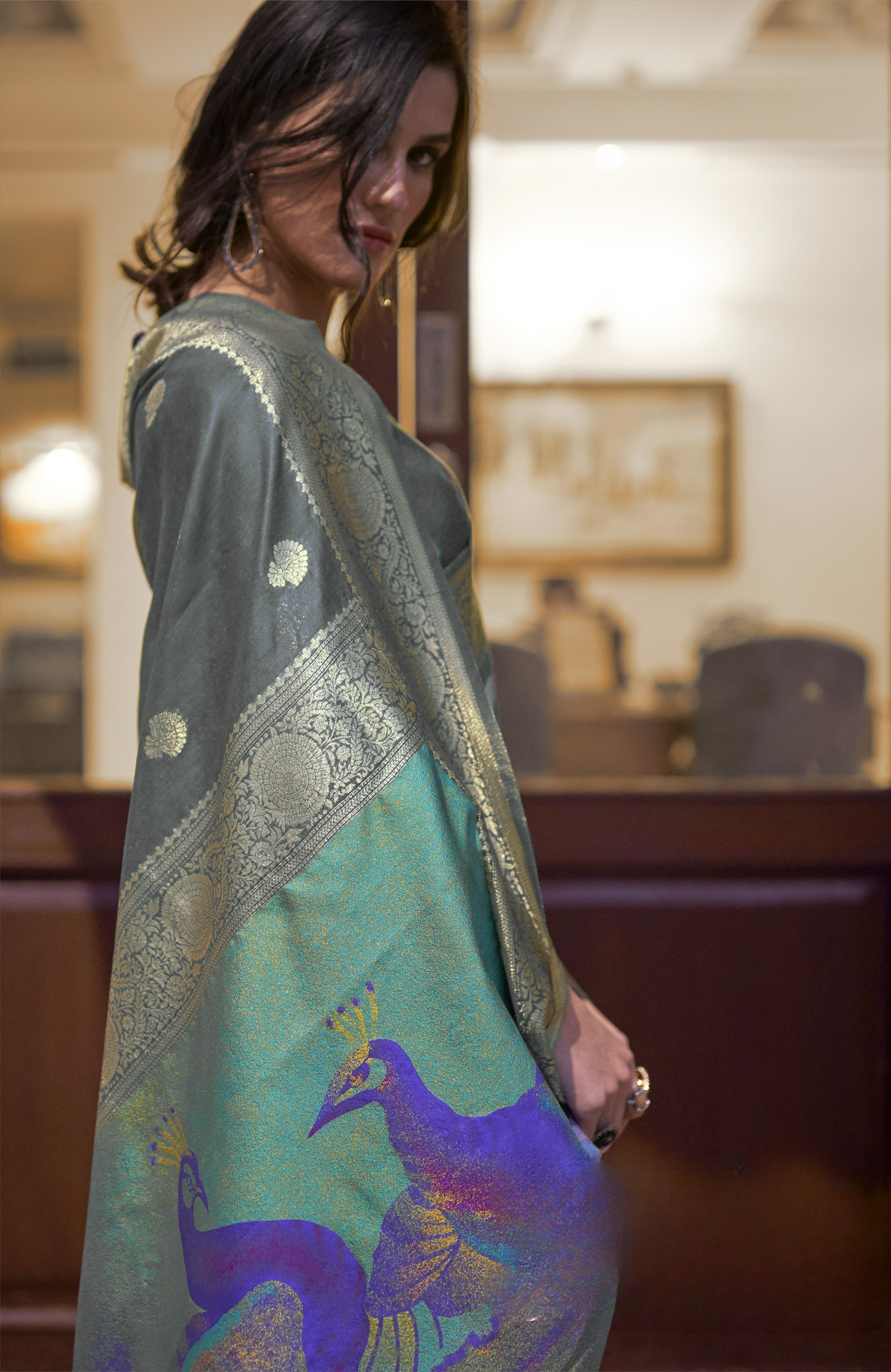 Steel Grey Banarasi Silk Saree with Printed Paithani Pallu