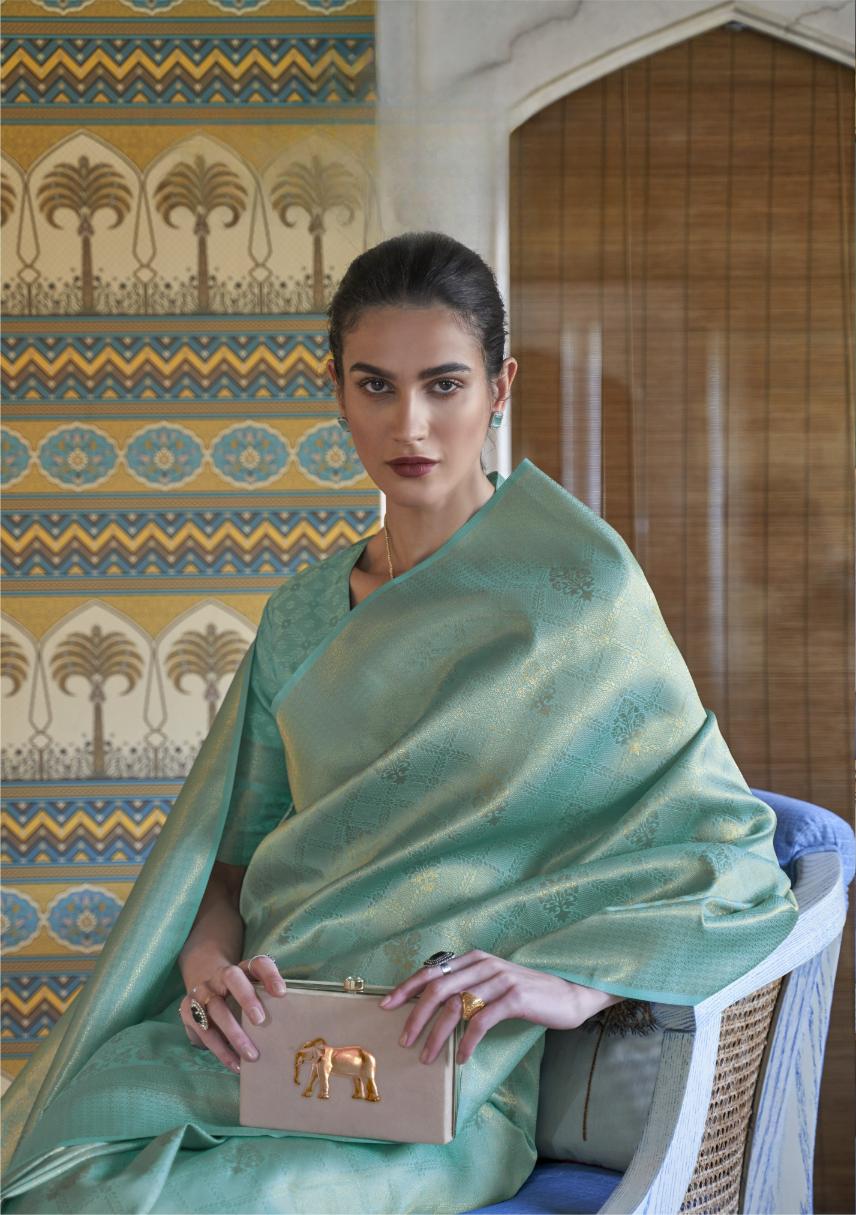Seafoam Green Brocade Woven Handloom Kanjivaram Silk Saree