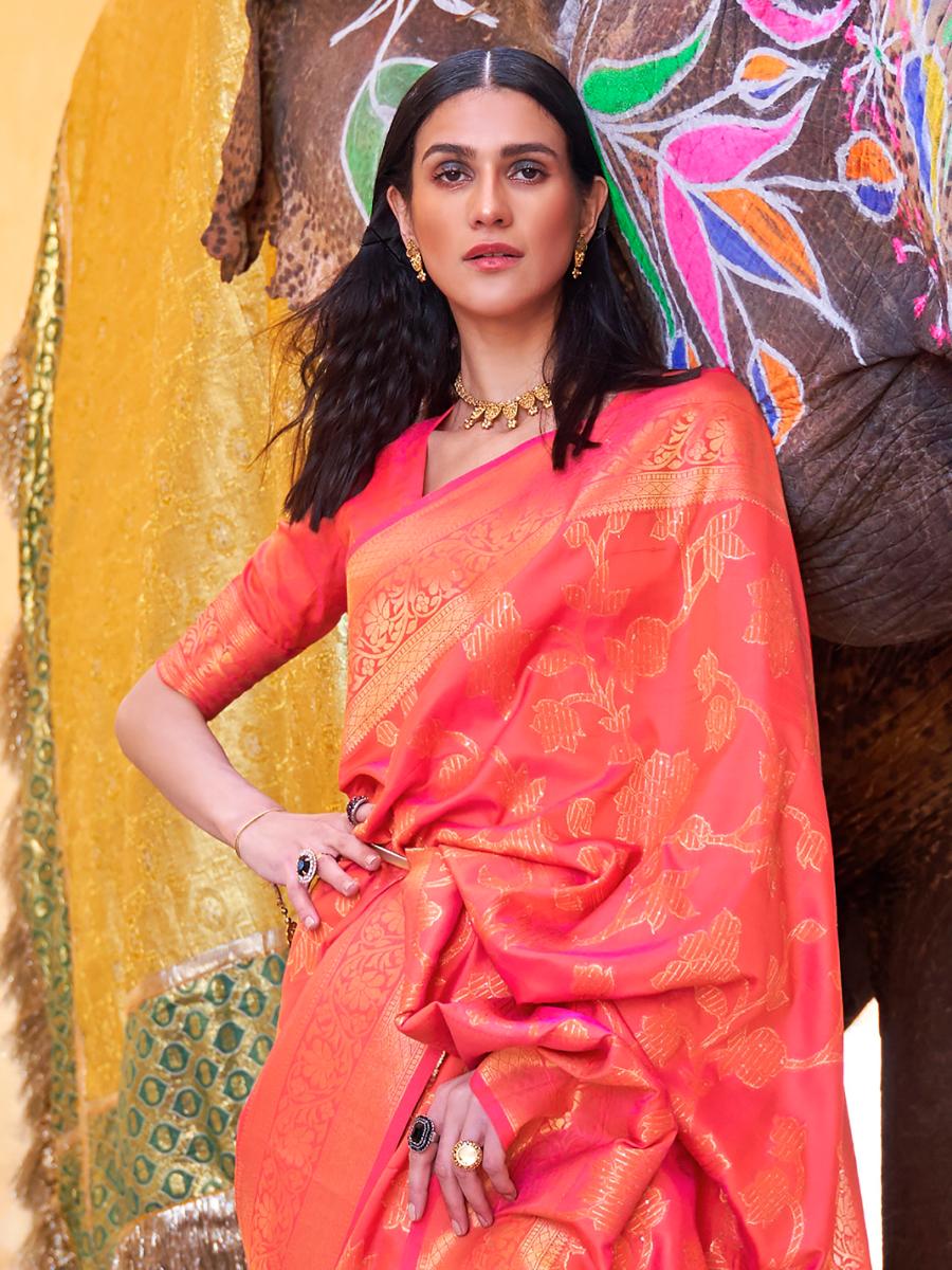 Carrot Red Banarasi Handloom Soft Silk Saree