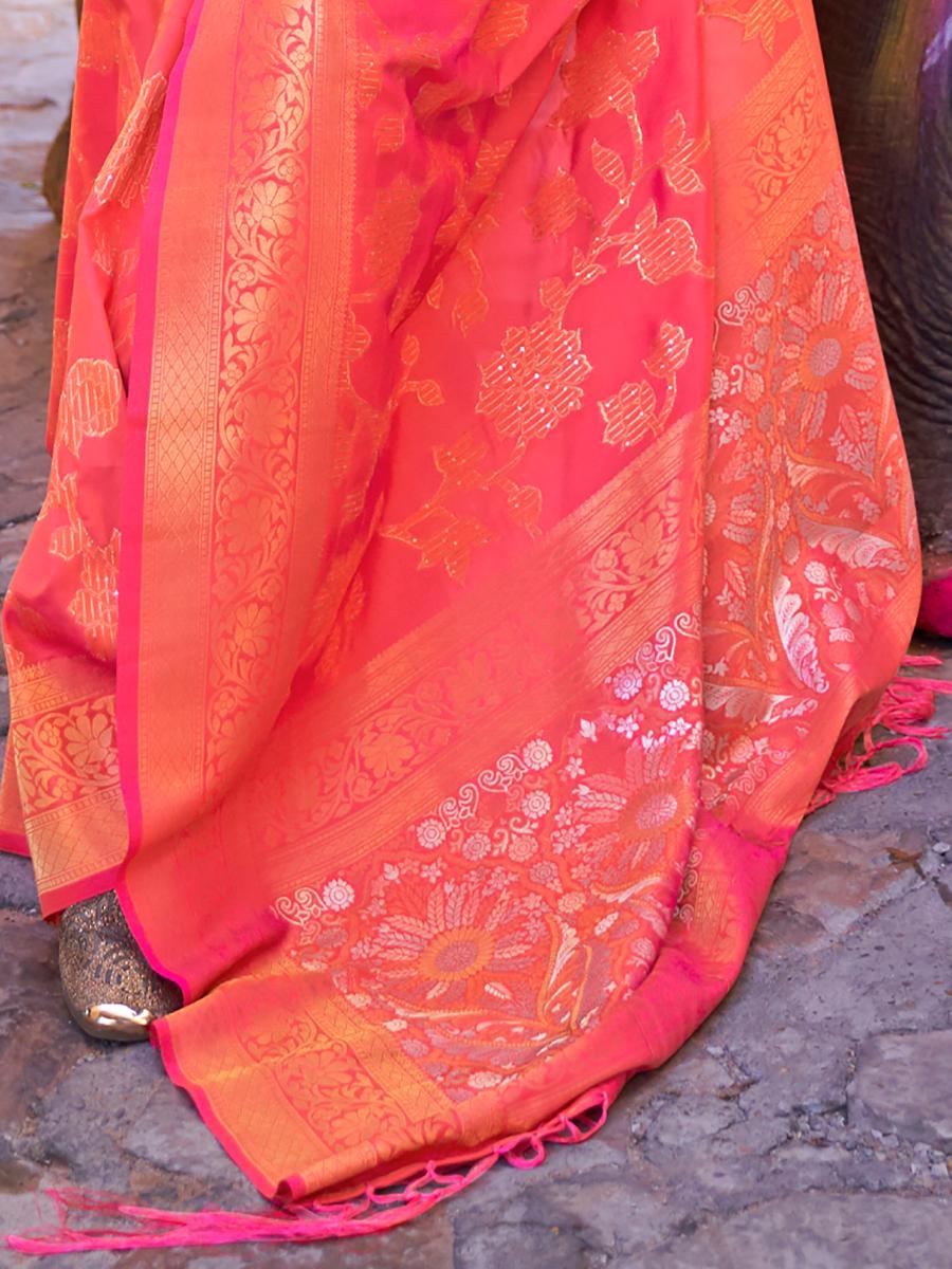 Carrot Red Banarasi Handloom Soft Silk Saree