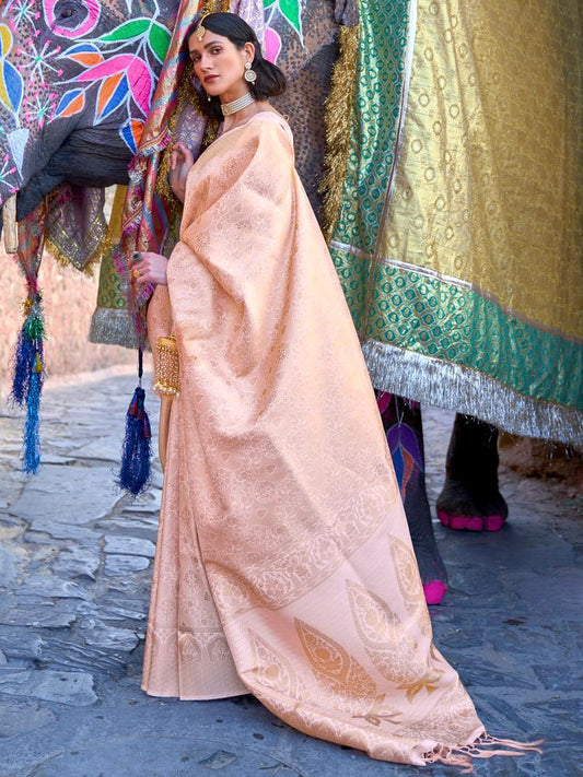 Light Peach Handloom Woven Kanjivaram Silk Saree