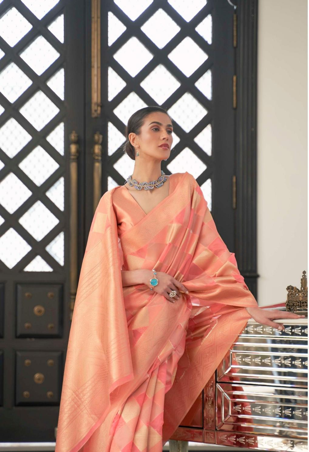Candy Peach Striped Organza Silk Saree