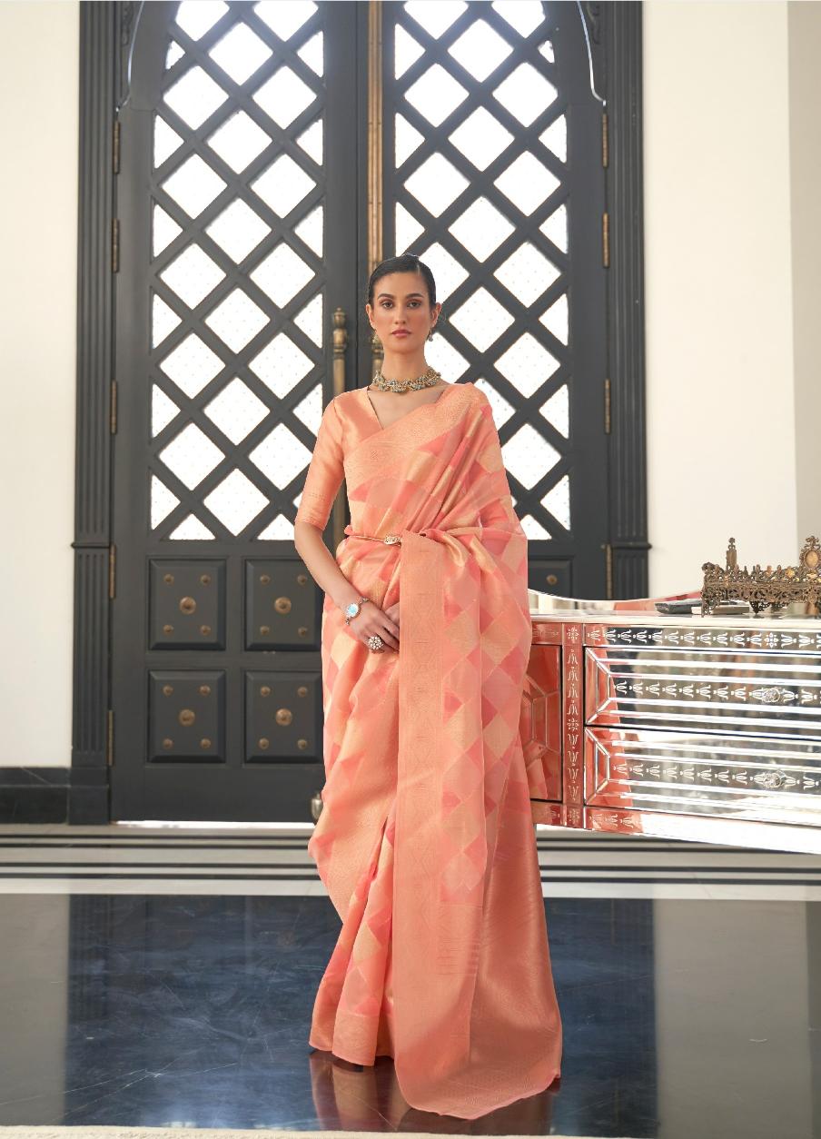Candy Peach Striped Organza Silk Saree