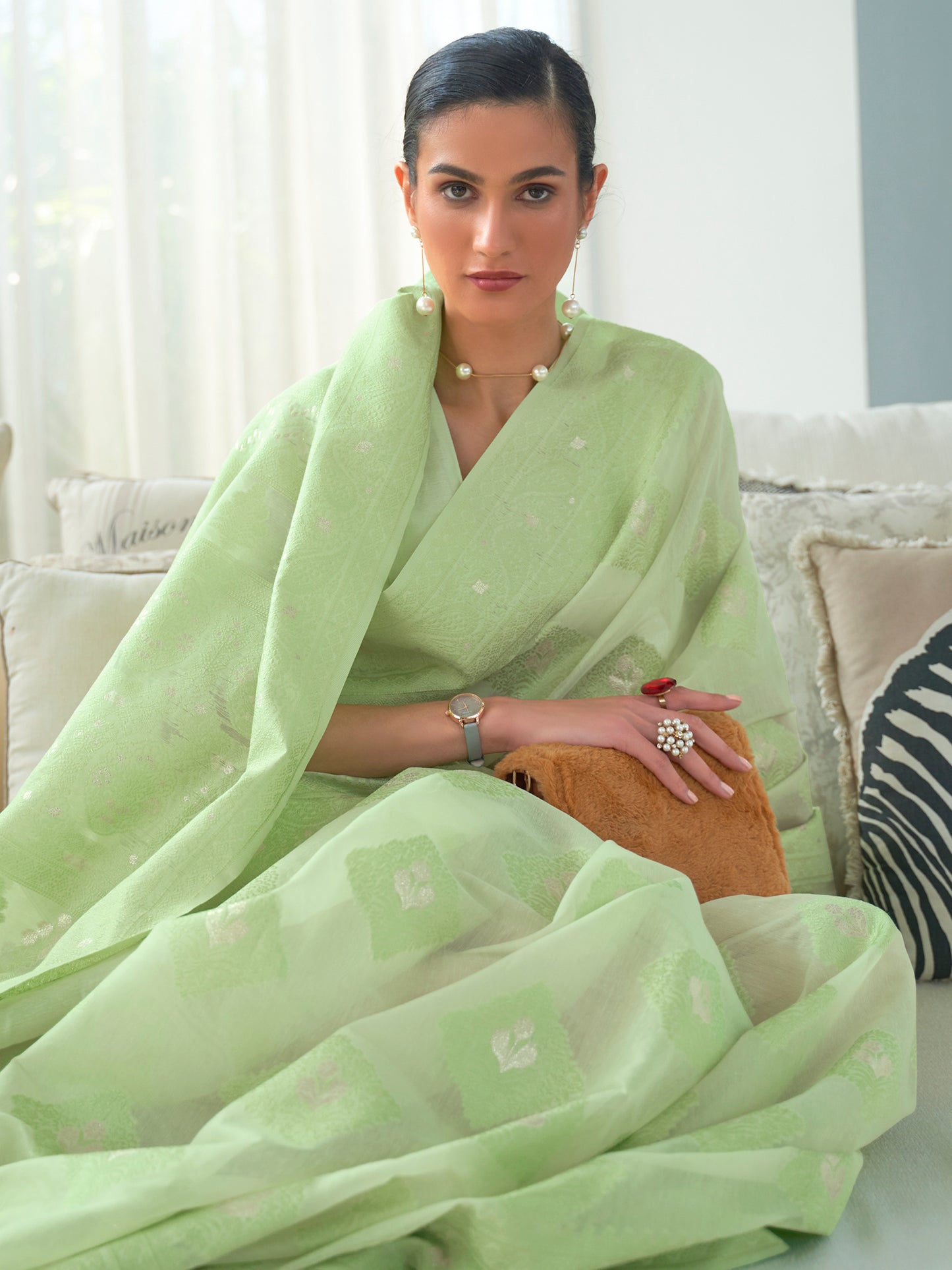 Pistachio Green Weaved Lucknowi Chikankari Saree