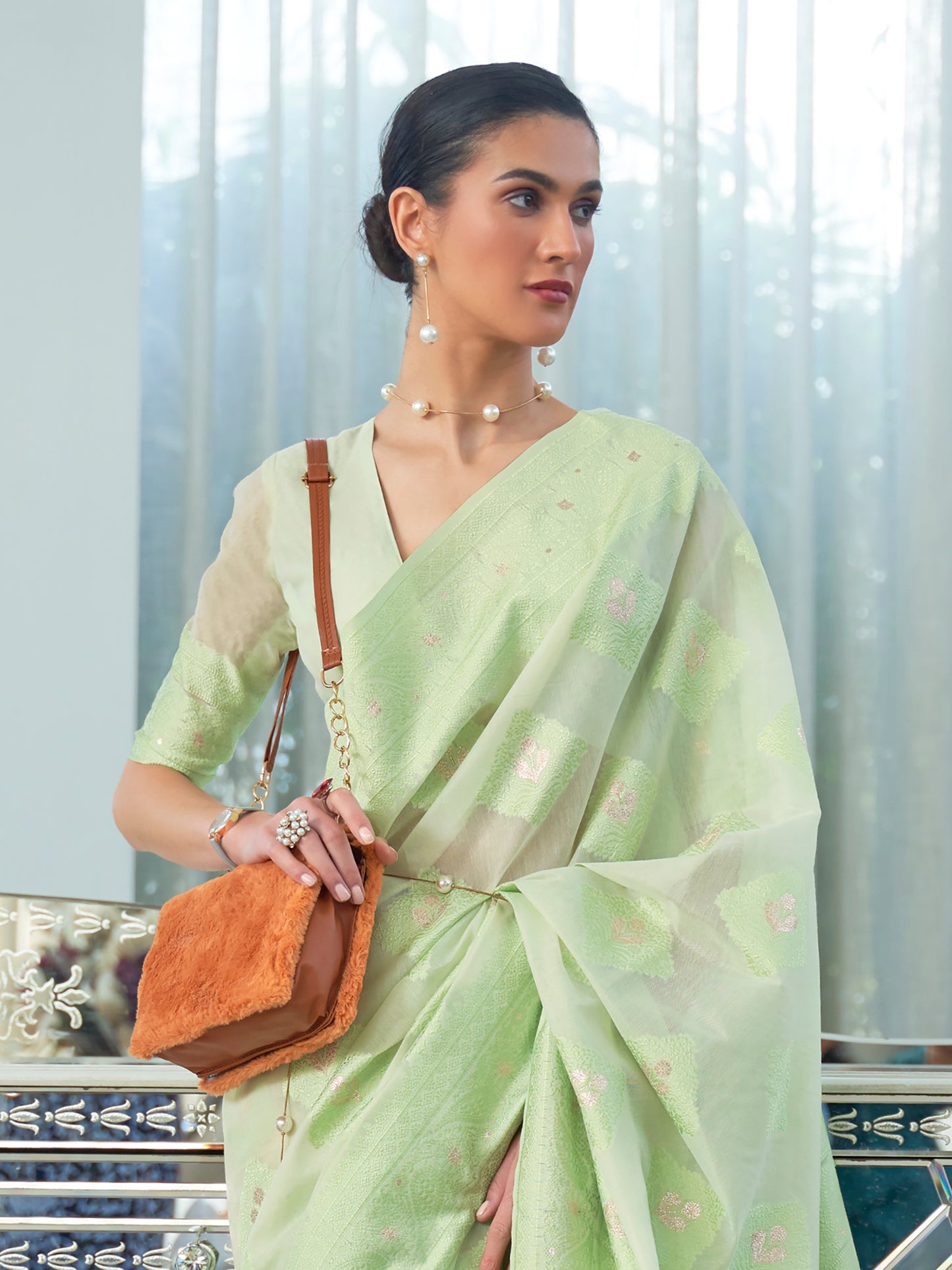 Pistachio Green Weaved Lucknowi Chikankari Saree