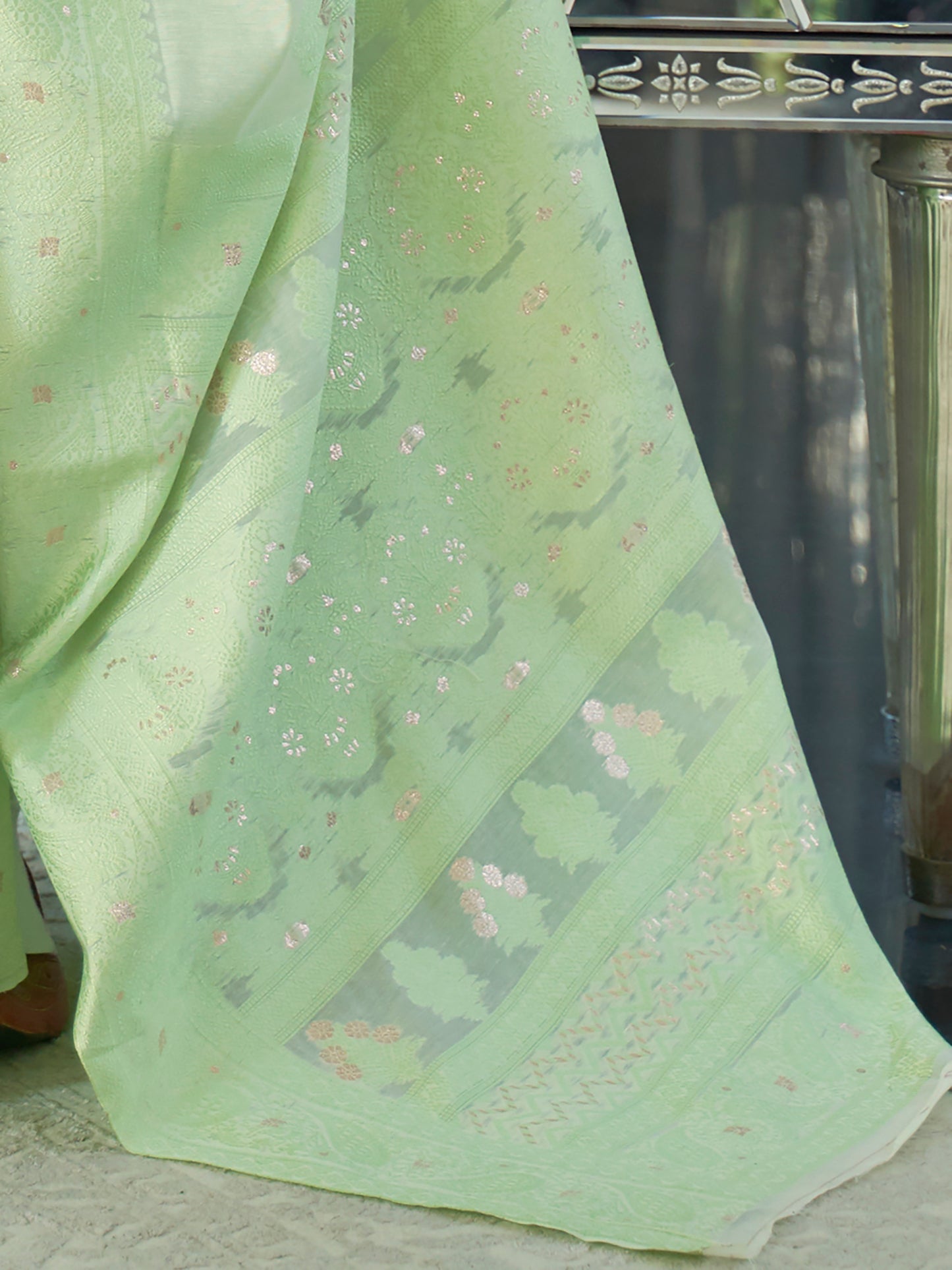 Pistachio Green Weaved Lucknowi Chikankari Saree