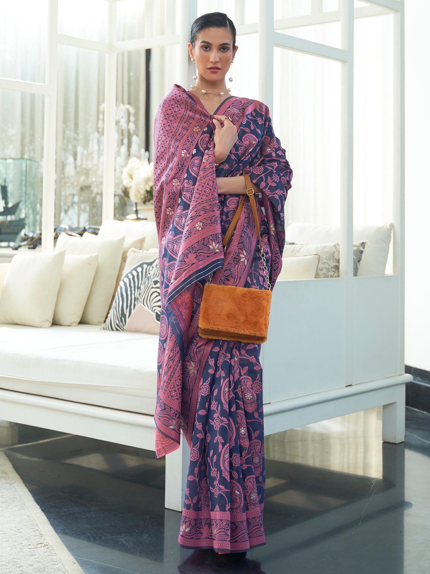 Berry Blue Weaved Lucknowi Chikankari Saree