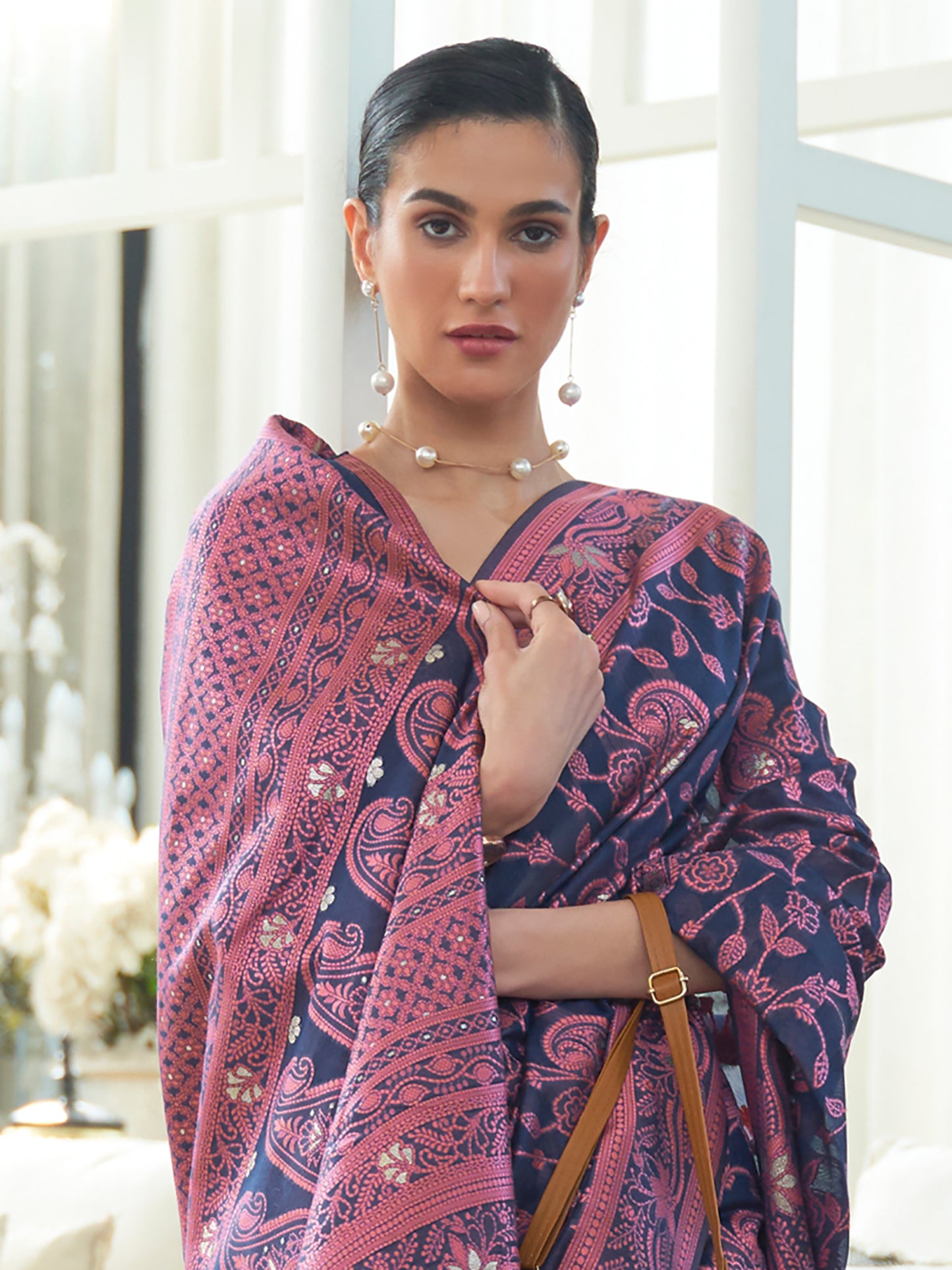 Berry Blue Weaved Lucknowi Chikankari Saree