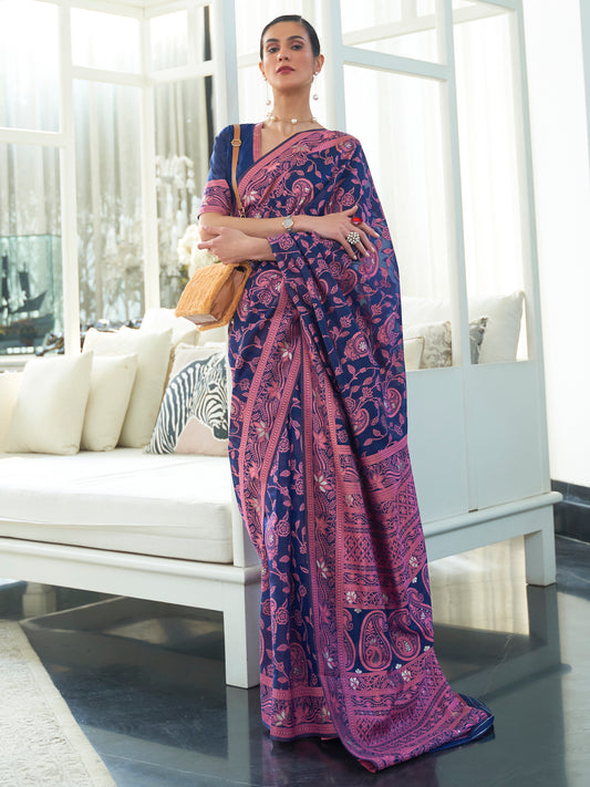 Berry Blue Weaved Lucknowi Chikankari Saree