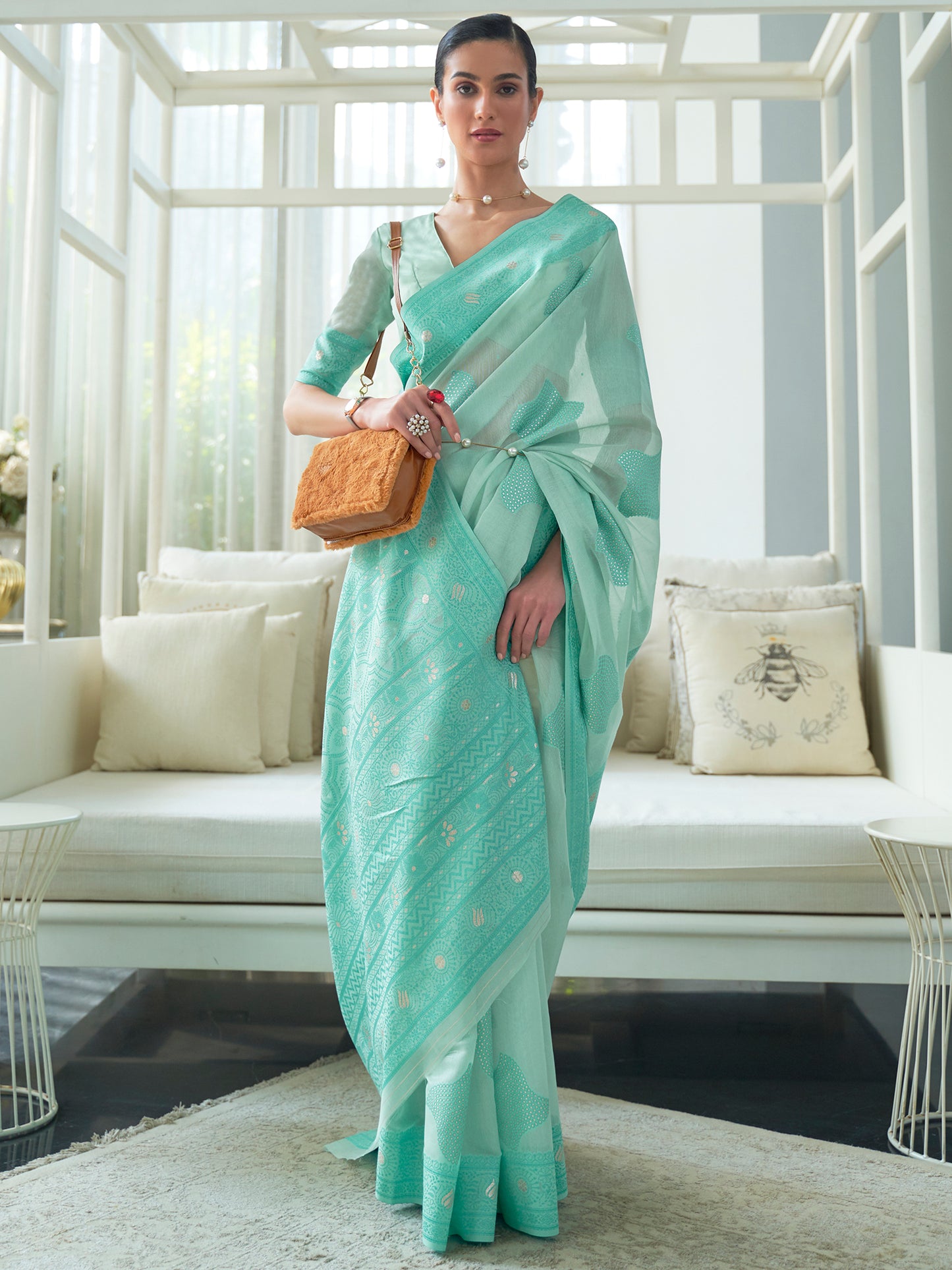 Seafoam Green Weaved Lucknowi Chikankari Saree