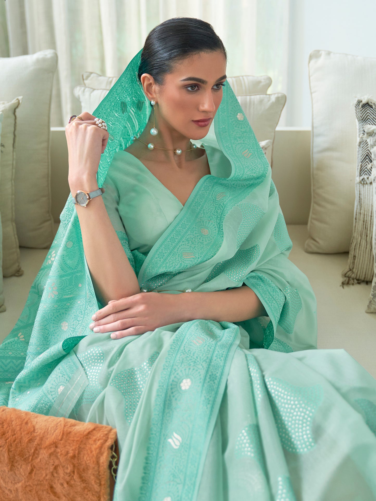 Seafoam Green Weaved Lucknowi Chikankari Saree