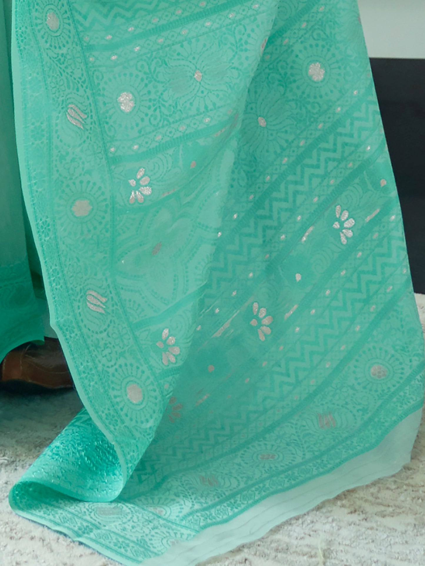 Seafoam Green Weaved Lucknowi Chikankari Saree