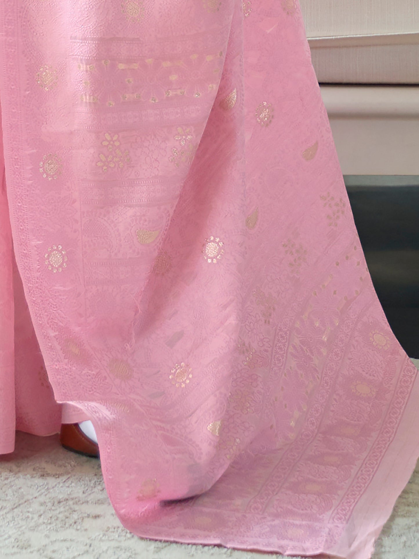 Lemonade Pink Weaved Lucknowi Chikankari Saree