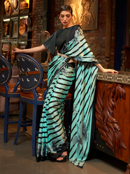 Fern Seagreen Printed Stripes Satin Crepe Silk Saree