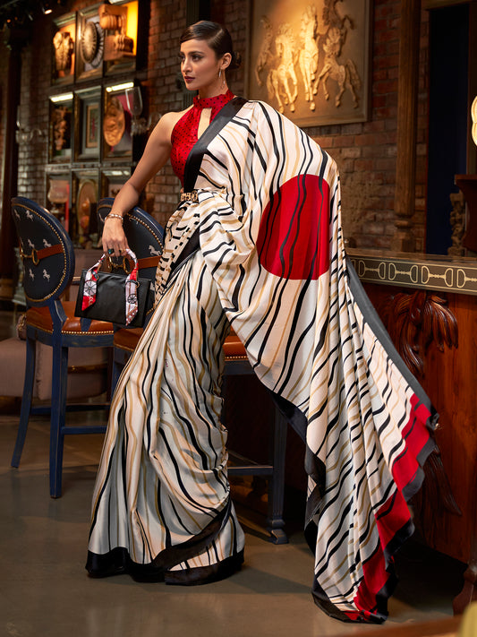 Ria Kriplani in Tisha Printed Stripes Satin Crepe Silk Saree