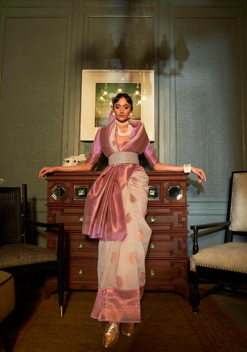 Ivory White Copper Zari Woven Linen Silk Saree