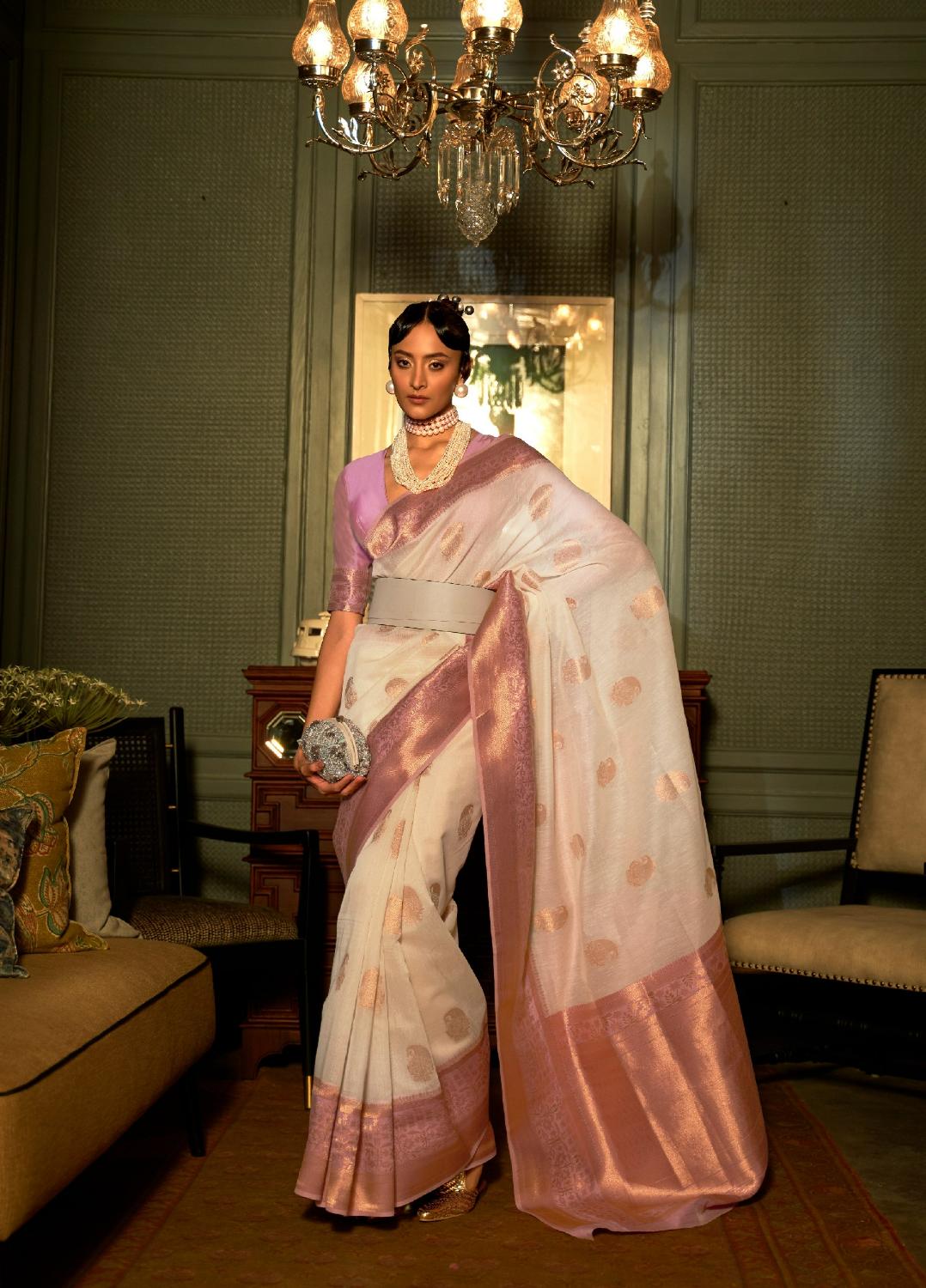 Ivory White Copper Zari Woven Linen Silk Saree