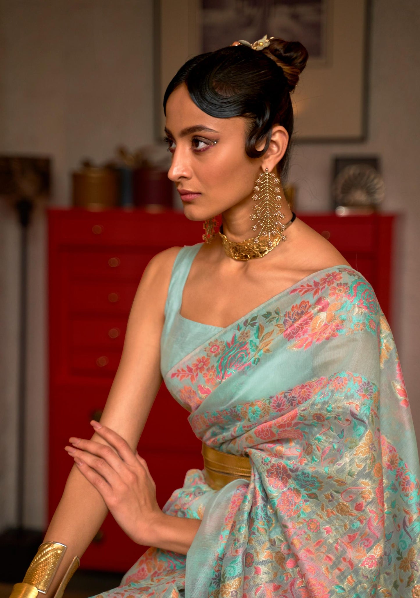 Ash Blue Kashmiri Woven Modal Silk Saree