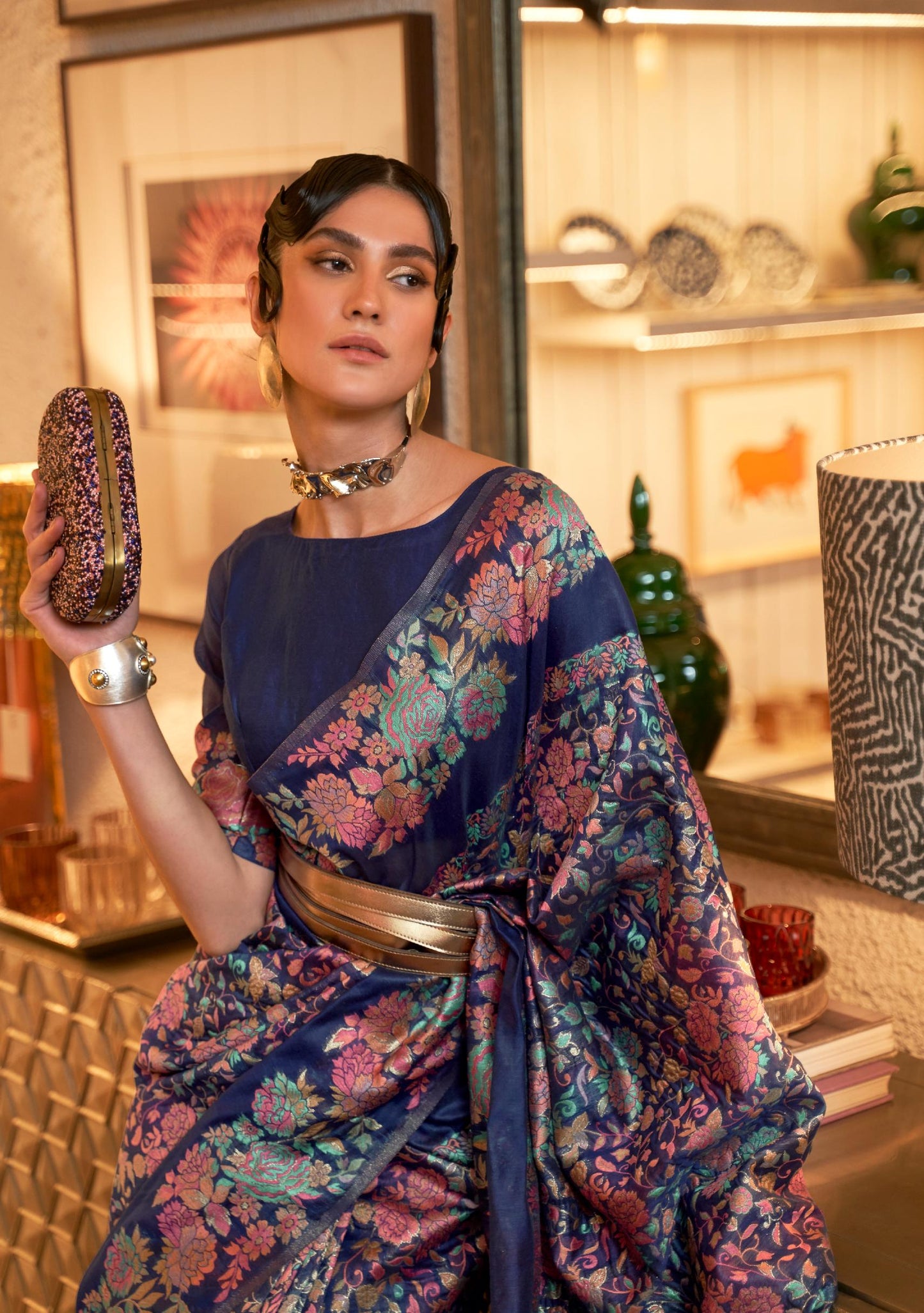 Navy Blue Kashmiri Woven Modal Silk Saree