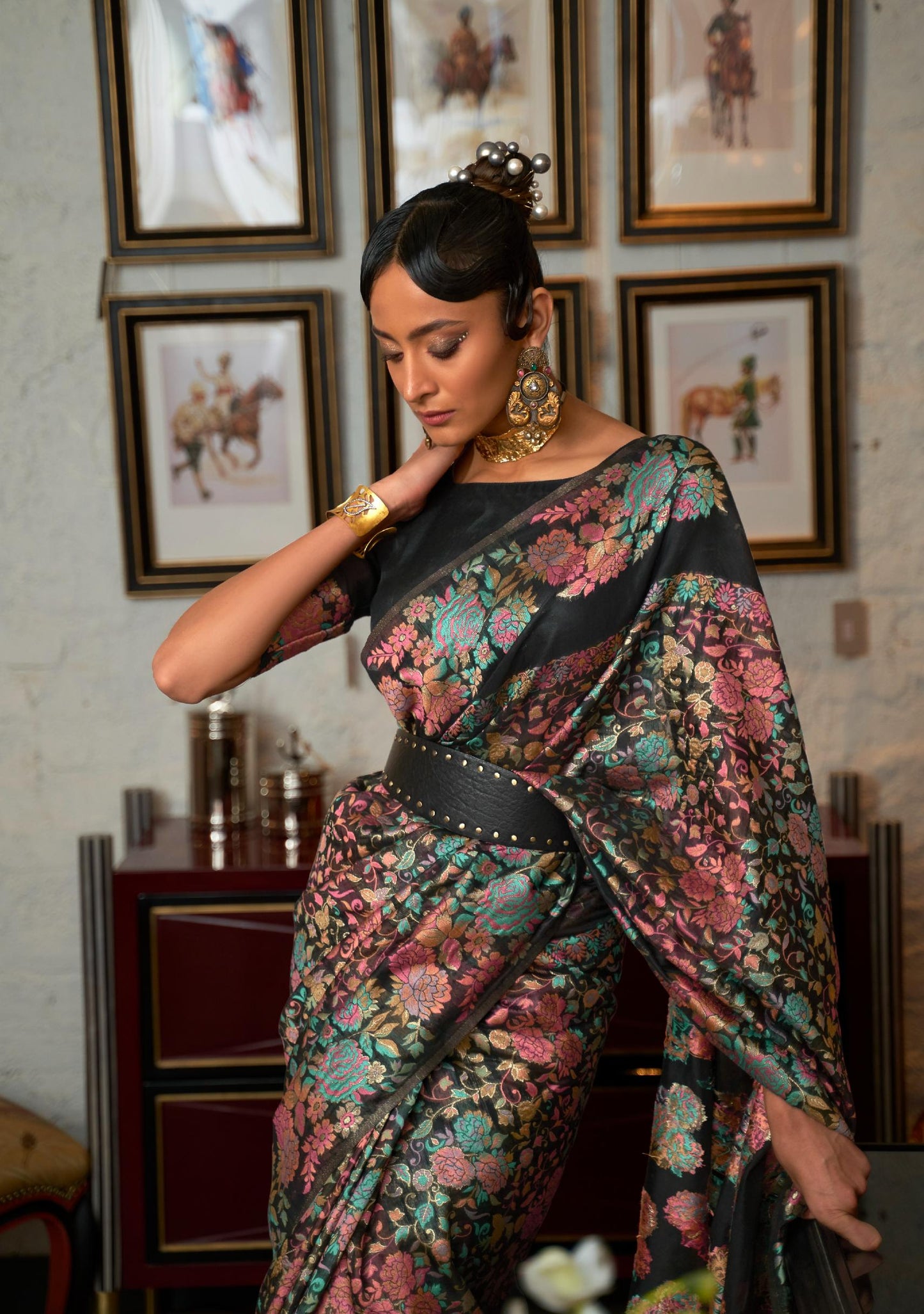 Ebony Black Kashmiri Woven Modal Silk Saree