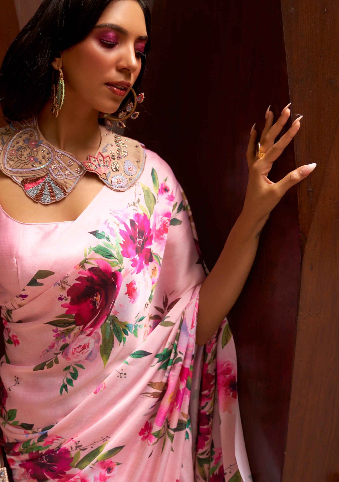 Rose Bouquet Floral Printed Satin Crepe Silk Saree