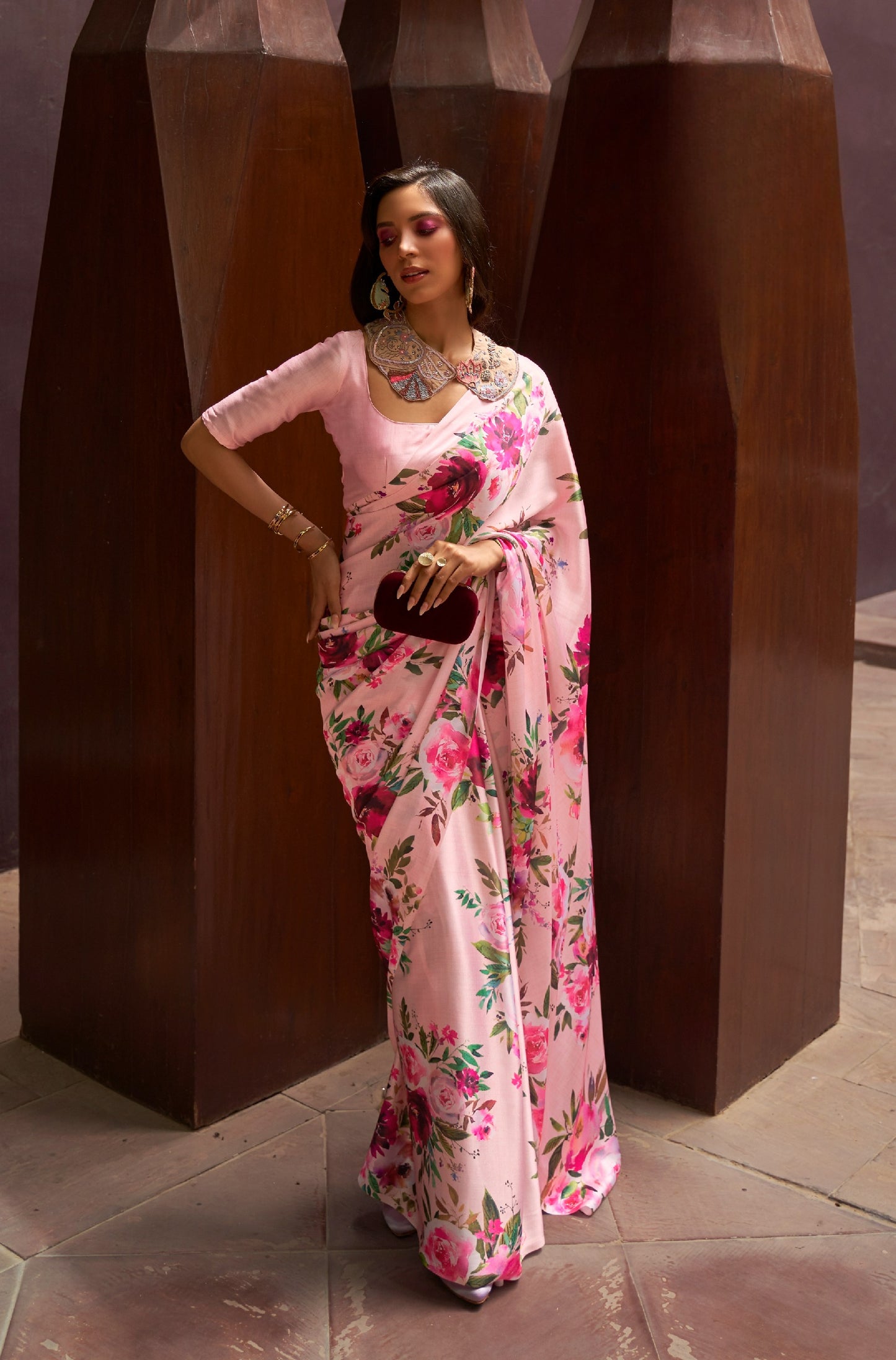 Rose Bouquet Floral Printed Satin Crepe Silk Saree