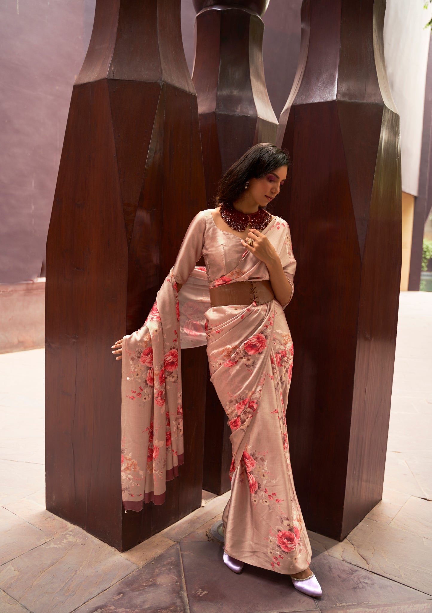 Latte Brown Floral Printed Satin Crepe Silk Saree